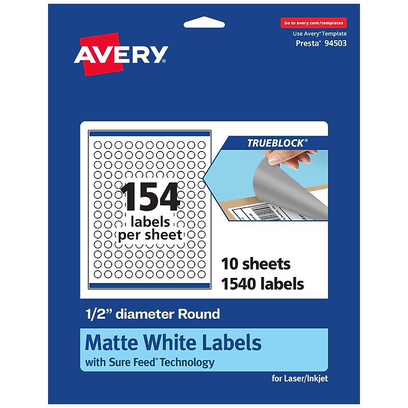 Avery TrueBlock Laser/Inkjet Round Multipurpose Labels, 0.5" Dia., White, 1540 Labels/Pack (94503) image 1