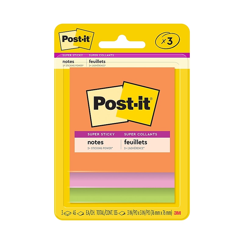 Post-it Super Sticky Notes, 3" x 3", Energy Boost Collection, 45 Sheets/Pad, 4 Pads/Pack (3221-SSAU) image 1