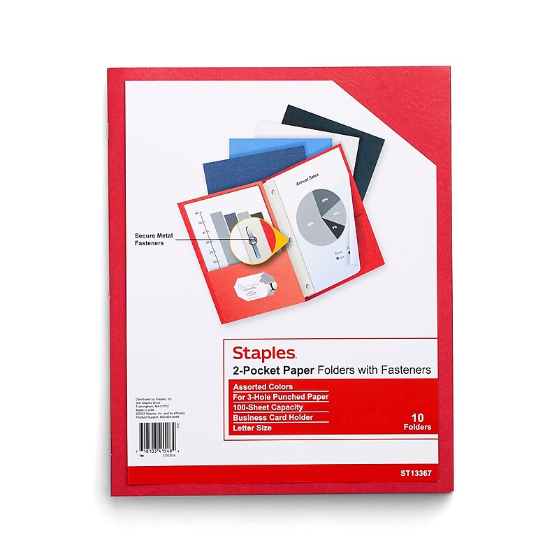Staples 10% Recycled Smooth 2-Pocket Paper Presentation Folder with Fasteners, Assorted Colors, 10/Pack (13367-US) image 1