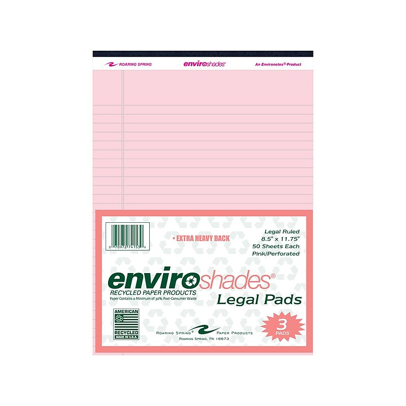 Roaring Spring Paper Products 8.5" x 11.75" Legal Pads, Recycled Pink Paper, 50 Sheets/Pad, 3 Pads/Pack (74153) image 1