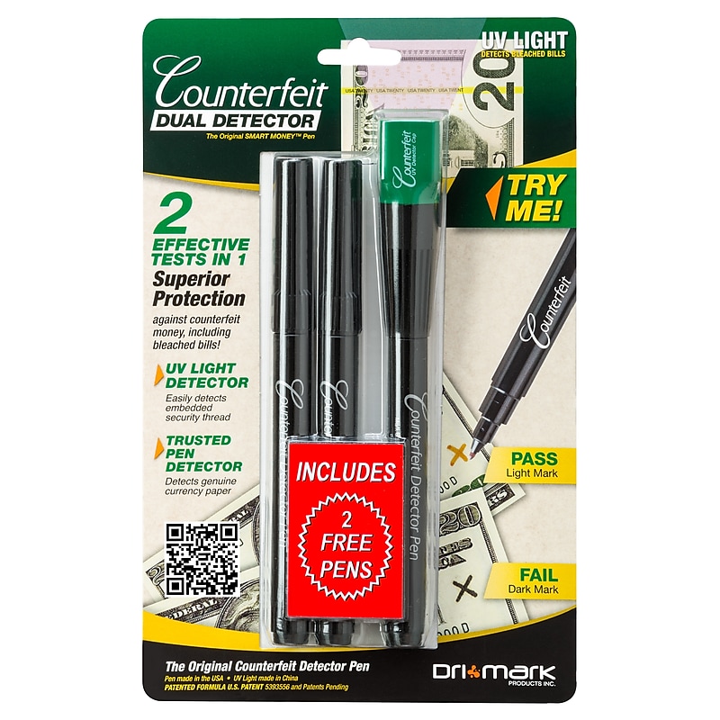 Dri Mark Dual Detector Counterfeit Pens with UV LED Cap, Black (351UVB) image 1