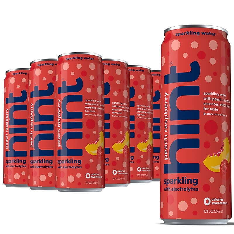 Hint Peach Raspberry Sparkling Water with Electrolytes, 12 fl. oz., 12 Cans/Carton (HINT-PRCAN-E) image 1