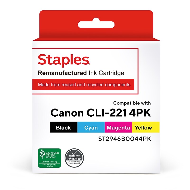 Staples Remanufactured Black/Cyan/Magenta/Yellow Standard Yield Ink Cartridge Replacement for Canon CLI-221 (ST2946B004), 4/Pack image 1
