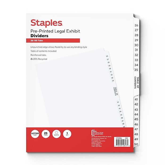 Staples Legal Numeric Exhibit Paper Dividers, 26-50 Tabs, White