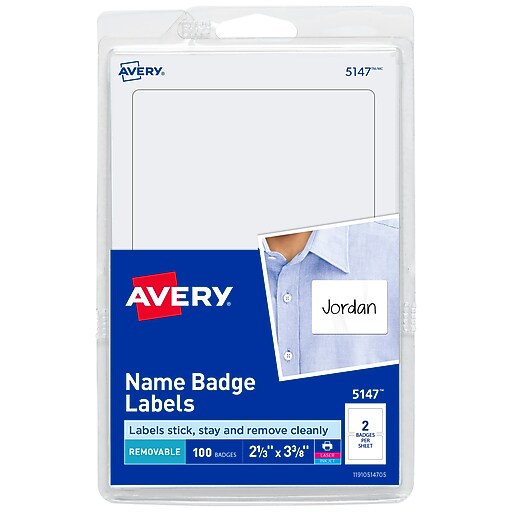 Avery Adhesive Laser/Inkjet Name Badge Labels, 2 1/3" x 3 3/8", White