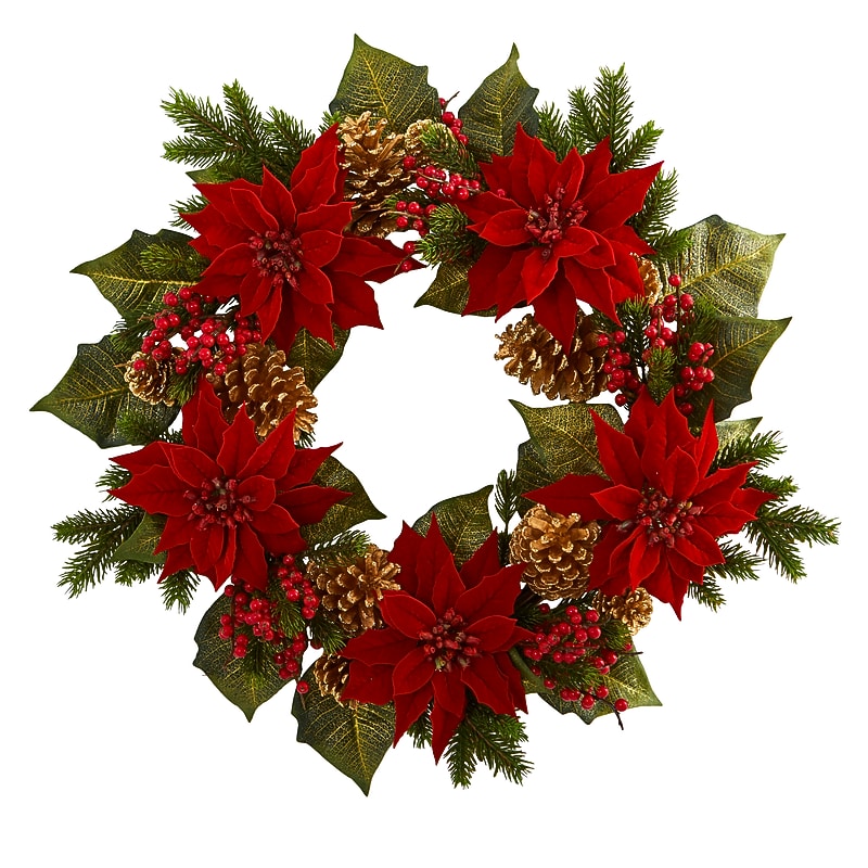 Nearly Natural Artificial Poinsettia, Berry and Golden Pinecone Wreath, 24" (4269) image 1