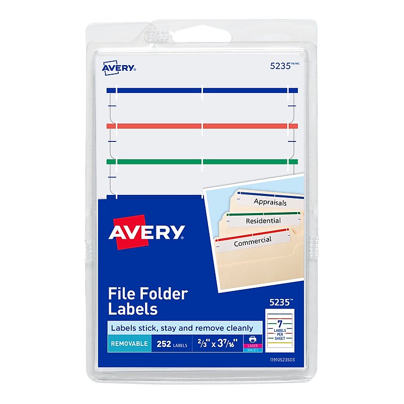 Avery Easy Peel Laser/Inkjet File Folder Labels, 2/3" x 3-7/16", Assorted Colors, 252 Labels/Pack (5235) image 1