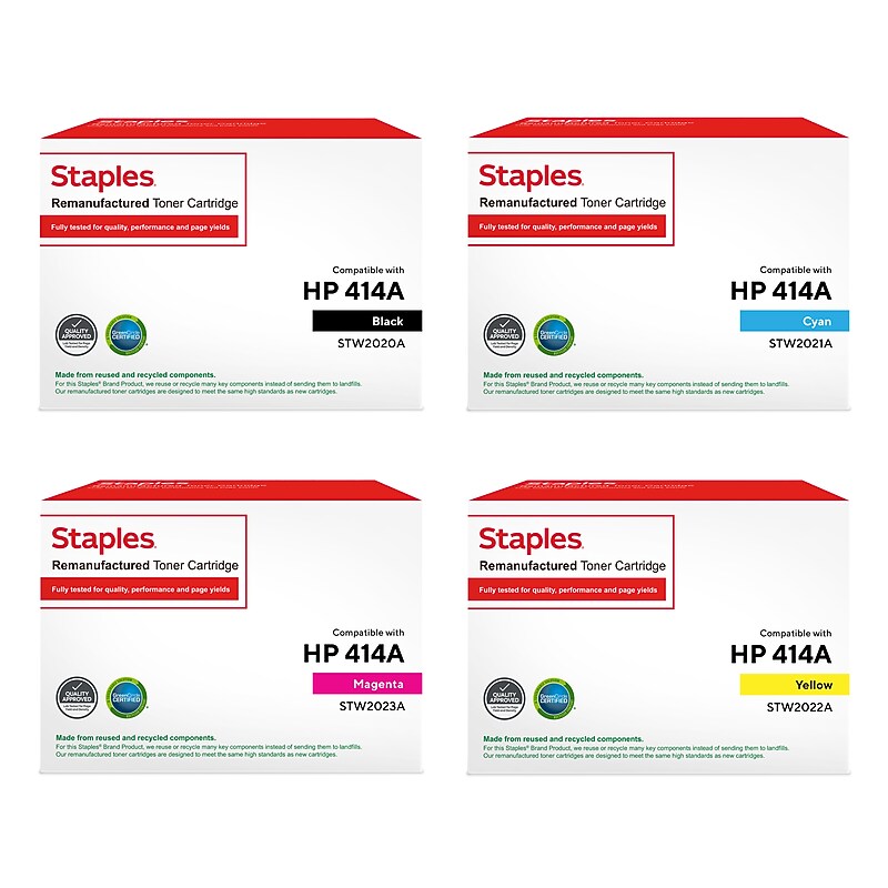 Staples Remanufactured Black/Cyan/Magenta/Yellow Standard Yield toner Replacement for HP 414, 4/Pack (STW2020-21-22-23A4PK-VB) image 1