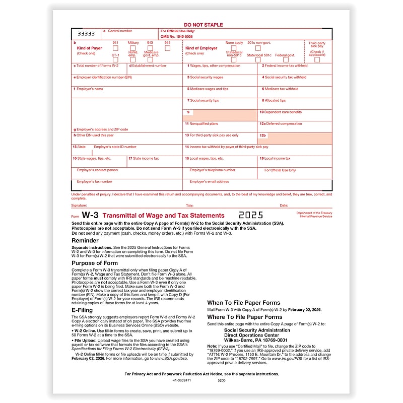 ComplyRight 2025 W-3 Tax Form, 1-Part, Transmittal, 10/Pack (520010) image 1