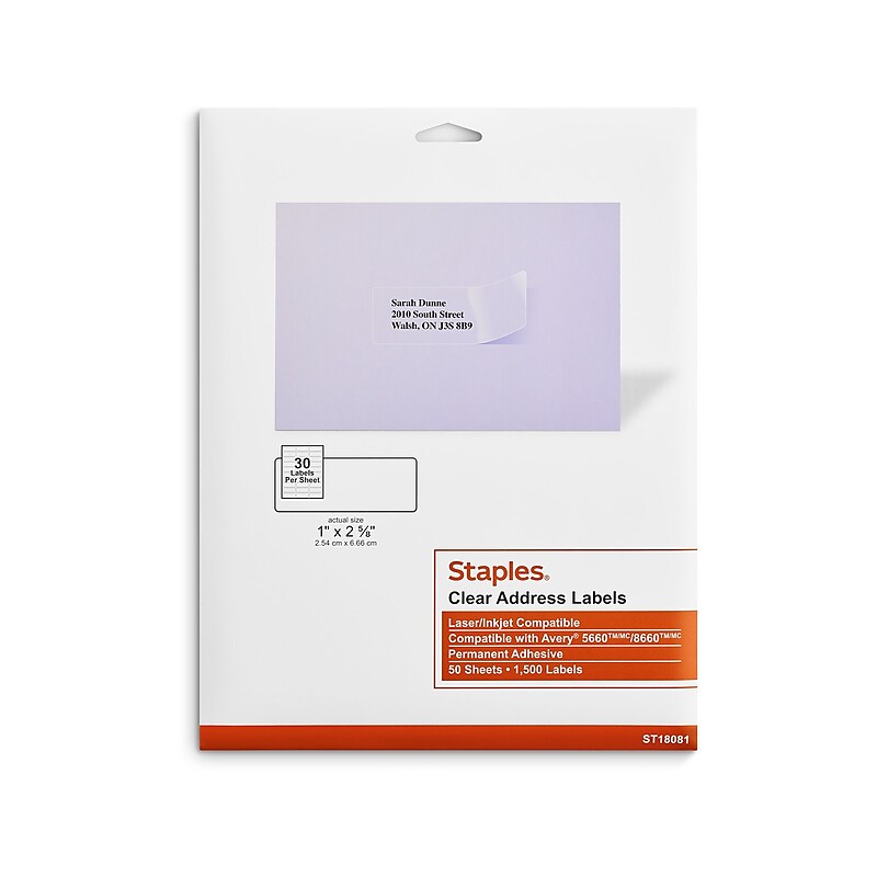 Staples Laser/Inkjet Address Labels, 1 X 2 5/8", Clear, 30 Labels/Sheet, 50 Sheets/Pack, 1500/Box (ST18081-CC) image 1