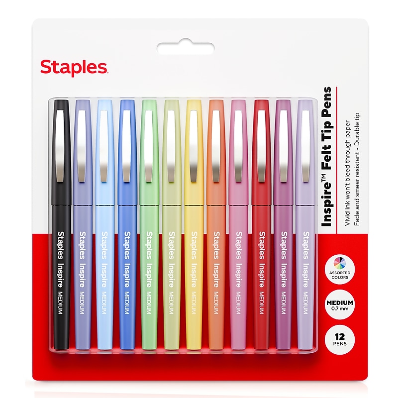 Staples Inspire Felt Tip Pen, Medium Point, 0.7mm, Assorted Ink, Dozen (ST63326) image 1