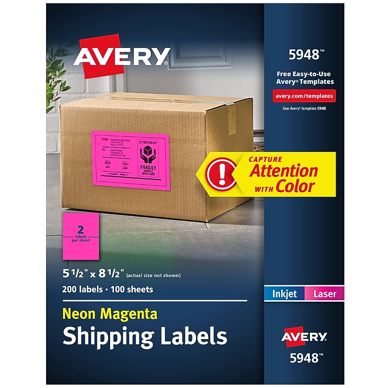 Avery Laser Shipping Labels, 5 1/2" x 8 1/2", Neon Pink, 200 Labels/Box (5948) image 1