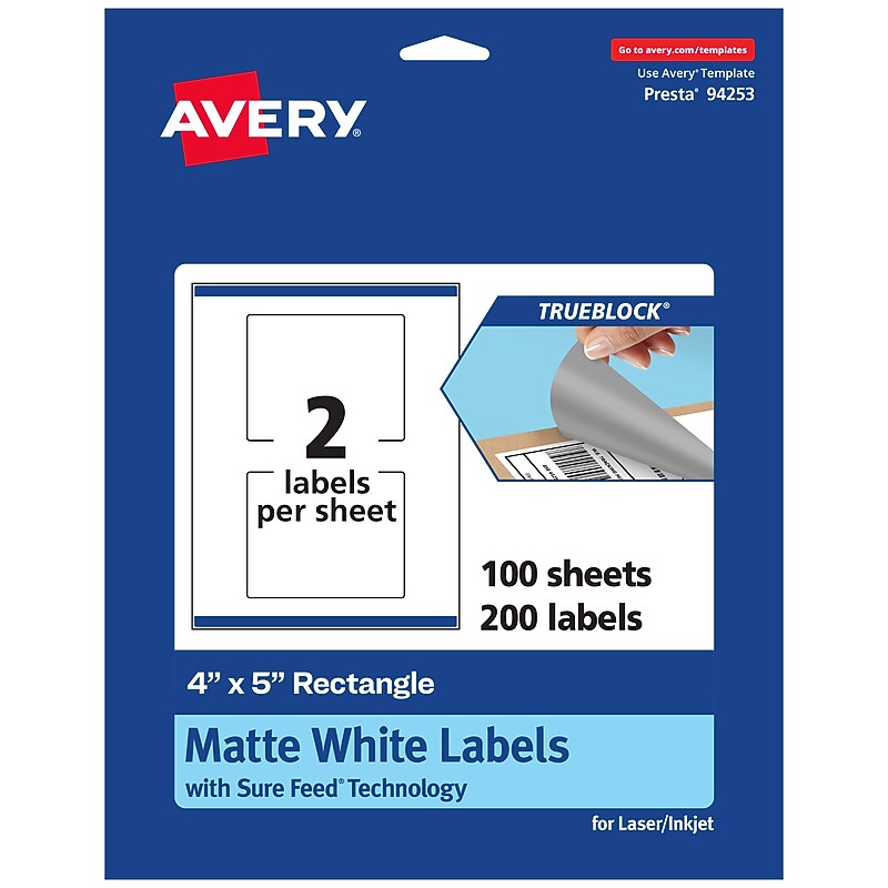 Avery TrueBlock Laser/Inkjet Rectangle Multipurpose Labels, 4" x 5", White, 200/Box (94253) image 1