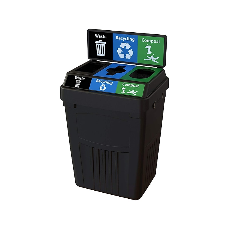 CleanRiver FlexE Plastic Three-Stream Recycling Station, 50 Gallon, Black (FX50B-BK3-R-BE-W-BK-C-GN) image 1