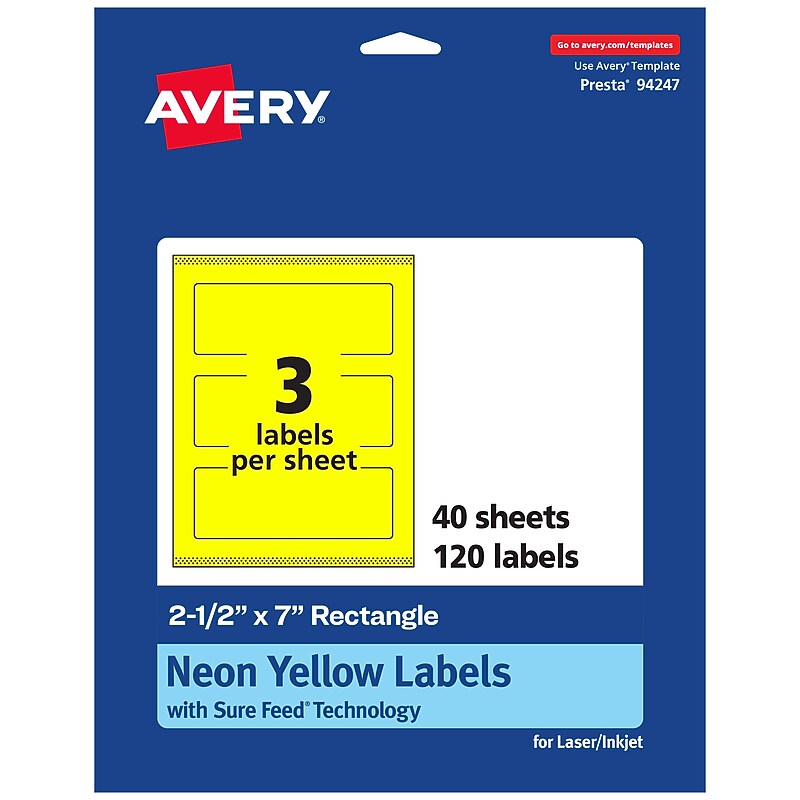 Avery Rectangle Laser/Inkjet Multipurpose Labels, 2.5" x 7", Neon Yellow (120/Box) image 1