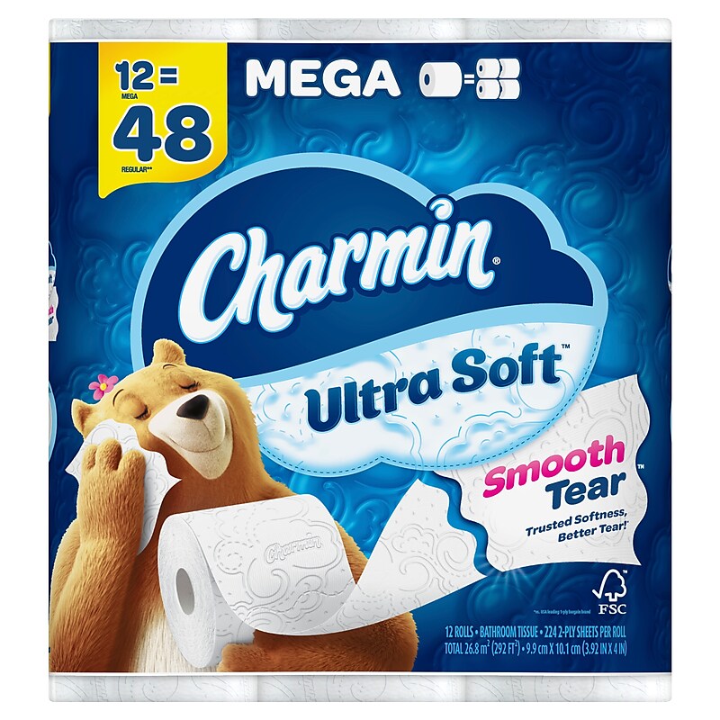 Charmin Ultra Soft Mega Toilet Paper, 2-ply, White, 224 Sheets/Roll, 12 Rolls/Case (88135/61789) image 1