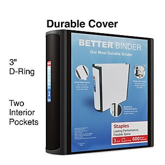 Staples Heavy Duty 3" 3-Ring Better Binder, D-Ring, Black (15126-CC)