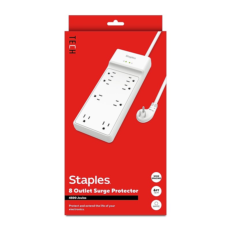 Staples TECH 8-Outlet Surge Protector, 6', 4500 Joules, White (ST62783) image 1