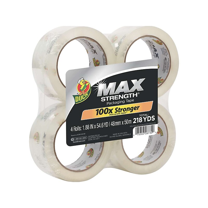 Duck Max Strength Heavy Duty Packing Tape, 1.88" x 54.6 yds., Clear, 4/Pack (241511) image 1