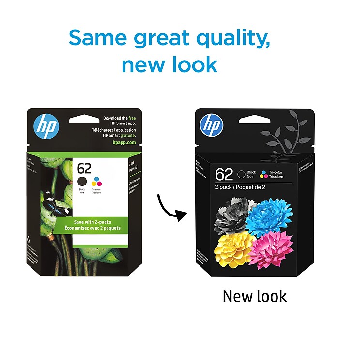 HP 62 Black/Tri-Color Standard Yield Ink Cartridge, 2/Pack