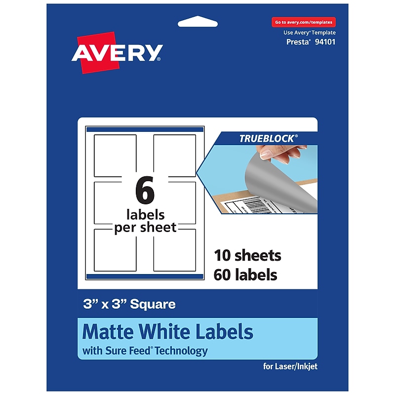 Avery Laser/Inkjet Multipurpose Labels, White, 6 Labels/Sheet, 10 Sheets/Pack (94101-TWMP10) image 1