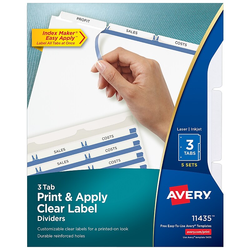 Avery Index Maker Paper Dividers with Print & Apply Label Sheets, 3 Tabs, White, 5 Sets/Pack (11435) image 1