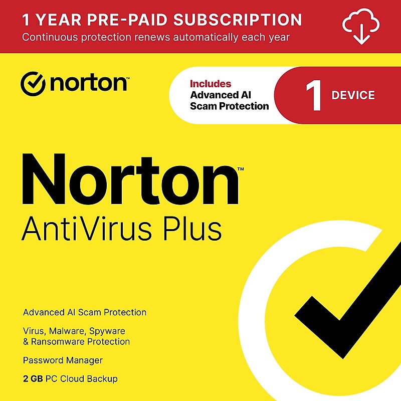 Norton AntiVirus Plus Software for 1 Device, Windows/Mac, Download (21390616) image 1