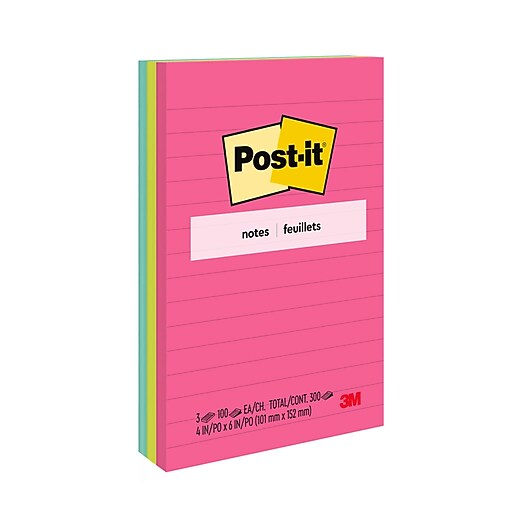 Postit Notes, 4" x 6", Poptimistic Collection, Lined, 100 Sheet/Pad, 3