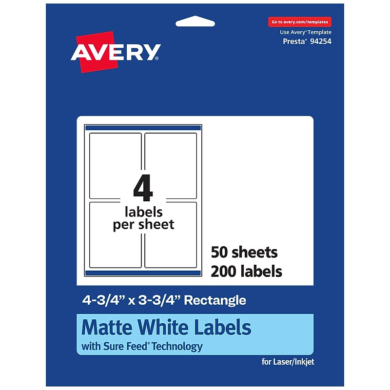 Avery Laser/Inkjet Multipurpose Rectangle Labels, 4.75" x 3.75", White, 200 Labels/Box (94254) image 1