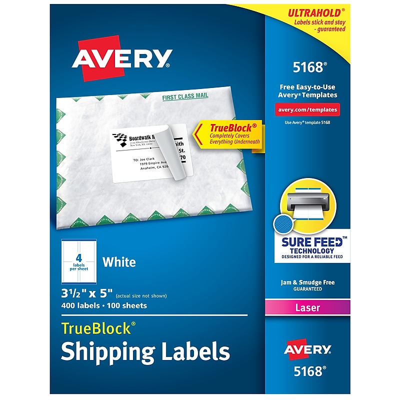 Avery TrueBlock Laser Shipping Labels, 3-1/2" x 5", White, 400 Labels/Box (5168) image 1