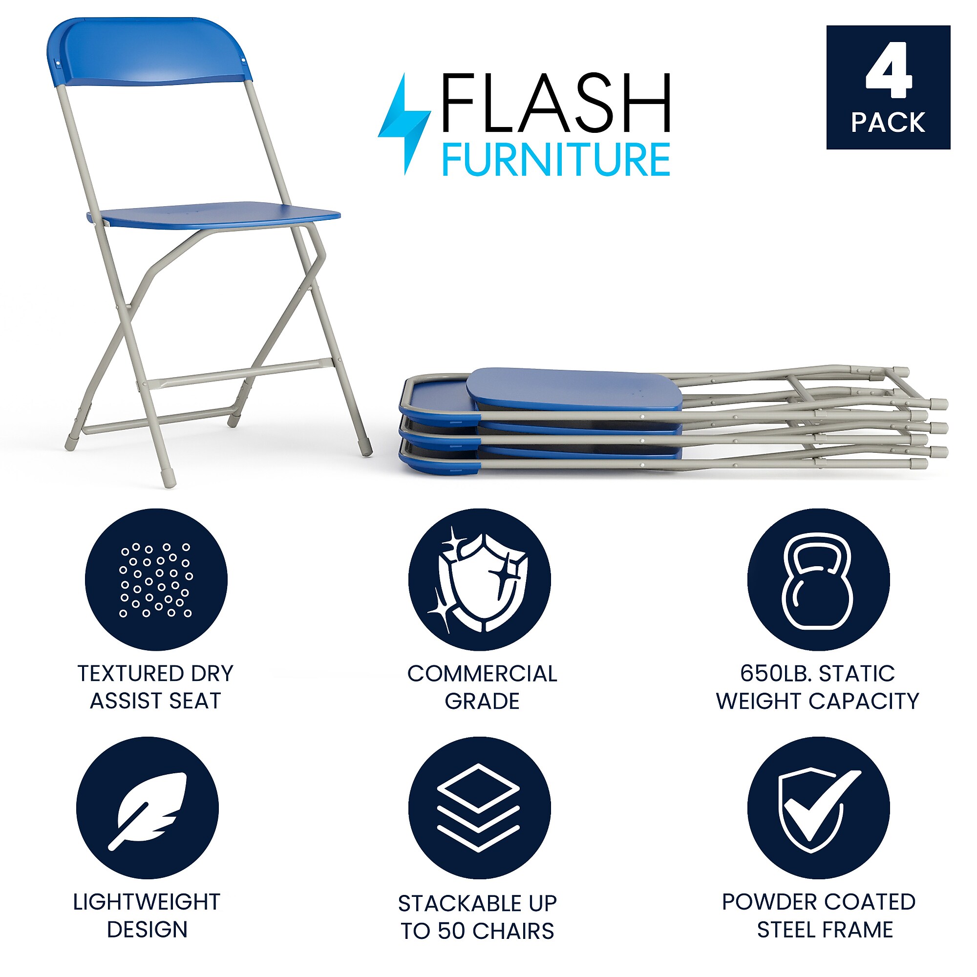 Flash Furniture HERCULES Plastic Folding Chair, Blue, 4/Pack (4LEL3BLUE) Sansujyuku sansujyuku.com