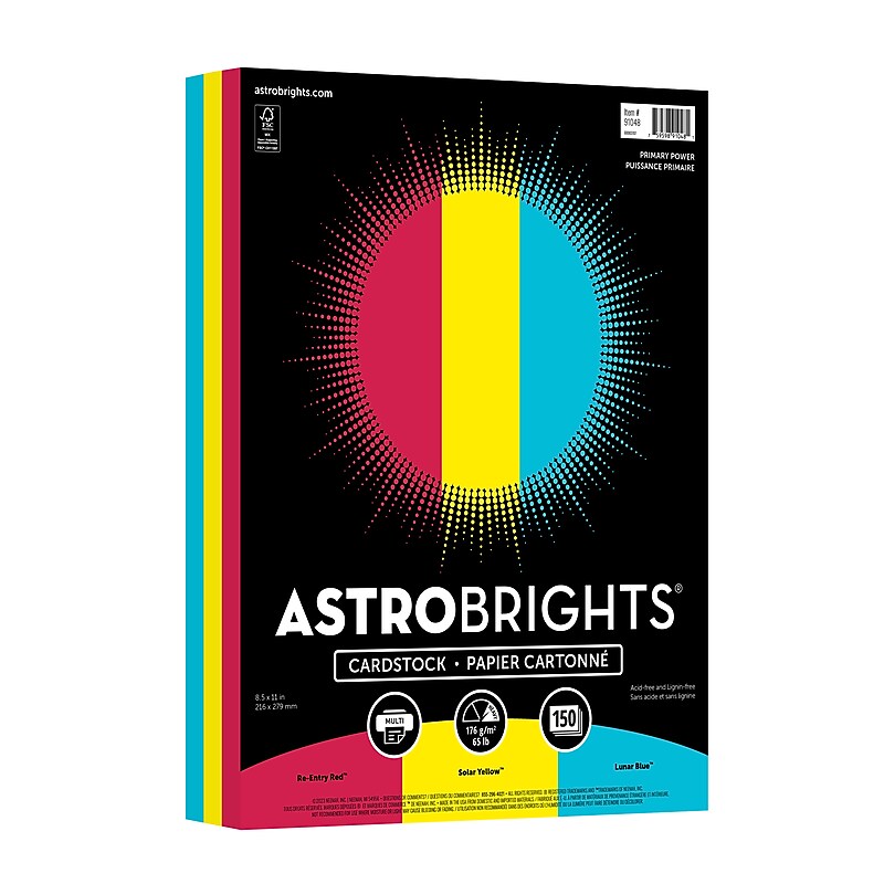 Astrobrights 65 lb. Cardstock Paper, 8.5" x 11", Primary Power Assortment, 150 Sheets/Pack (91048) image 1