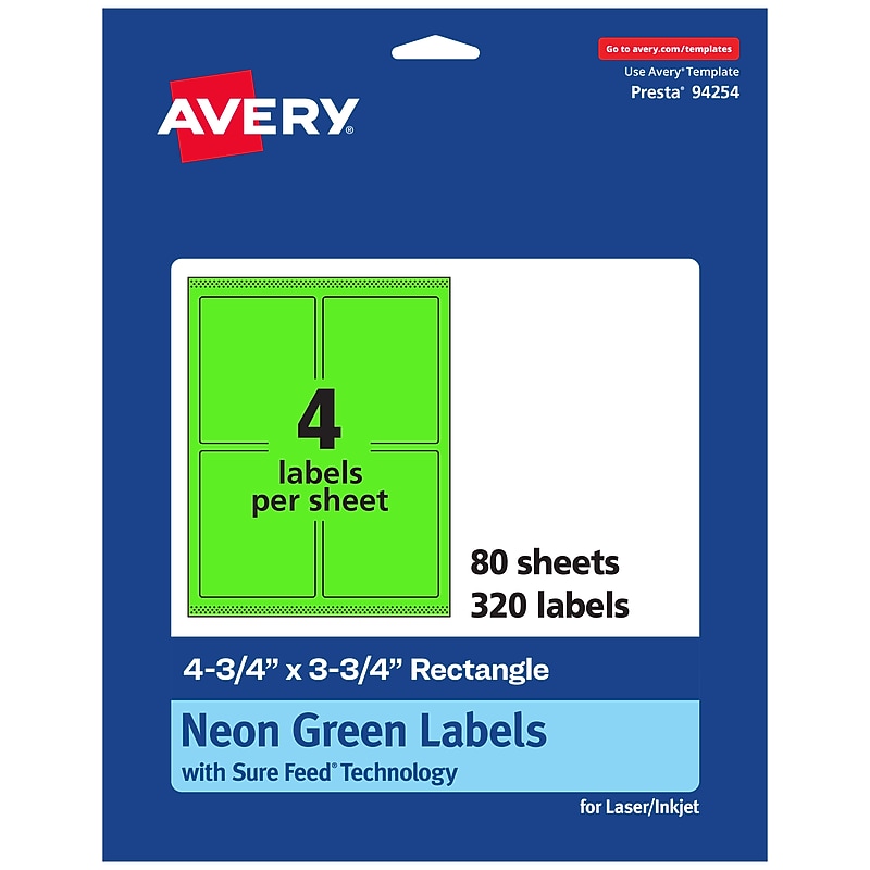 Avery Laser/Inkjet Multipurpose Rectangle Labels, 4.75" x 3.75", Neon Green, 320/Box (94254) image 1