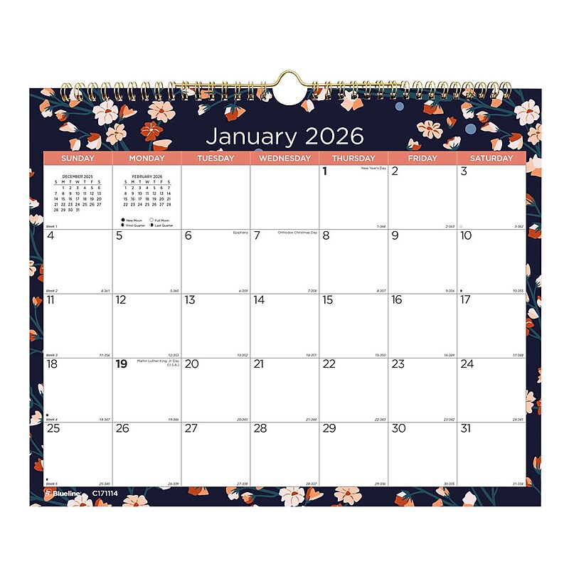 2026 Blueline Twilight Floral 15" x 12" Monthly Wall Calendar (C171114) image 1