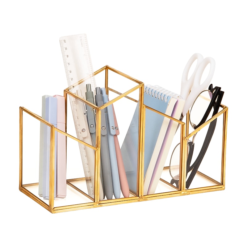 Mind Reader 4-Compartment Glass Pen Holder, Gold (MENO-GLD) image 1