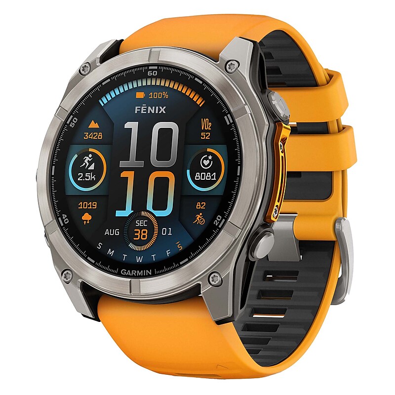 Garmin fenix 8 AMOLED Multisport GPS Watch, 51-mm, Titanium Stainless Steel Bezel with Orange/Graphite Band (010-02905-10) image 1