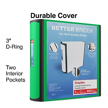 Staples 3" 3-Ring Better Binder, Green (19936)