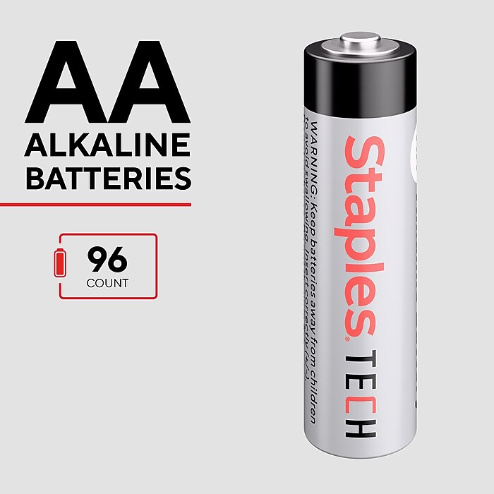 Staples TECH AA Alkaline Batteries, 96-Pack, Long-Lasting Power