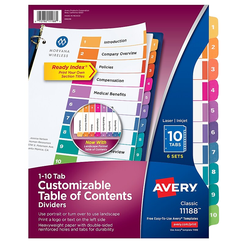 Avery Ready Index Table of Contents Paper Dividers, 1-10 Tabs, Multicolor, 6 Sets/Pack (11188) image 1