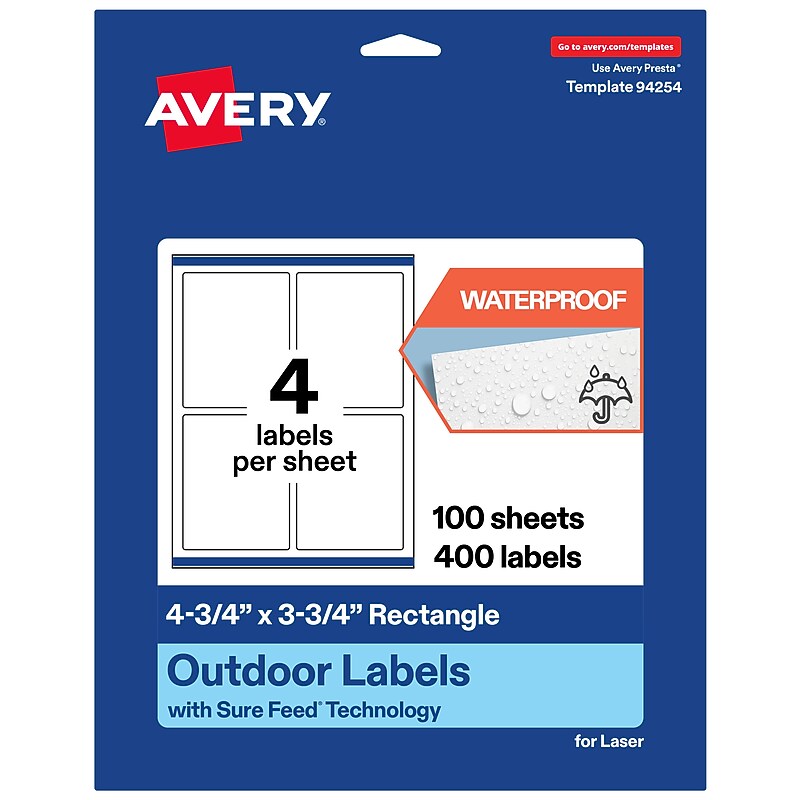 Avery Waterproof Rectangle Laser Multipurpose Labels, 4.75" x 3.75", White, 400/Box (19479399359) image 1