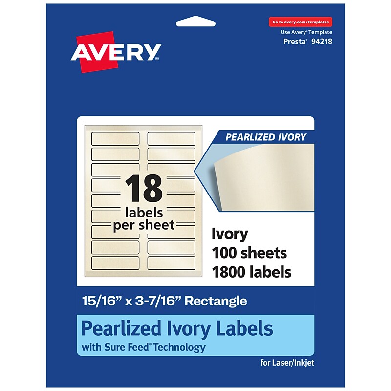 Avery Pearlized Ivory Rectangle Multipurpose Labels, 15/16" x 3-7/16", Ivory, 1800/Box (94218) image 1