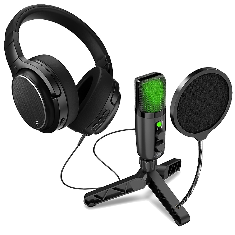 Delton M101 RGB Condenser Microphone and ANC Bluetooth Computer Headphones Podcast & Recording Kit, Black (DRU3000BD1) image 1