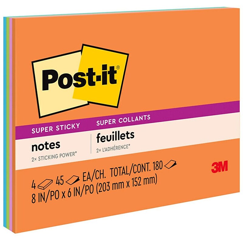Post-it Super Sticky Notes, 8" x 6", Energy Boost Collection, 45 Sheet/Pad, 4 Pads/Pack (6845SSP) image 1