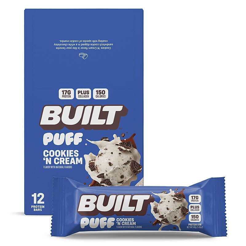 Built Puff Cookies 'N Cream Protein Bar, 1.41 oz., 12 Bars/Box (BUI30582) image 1