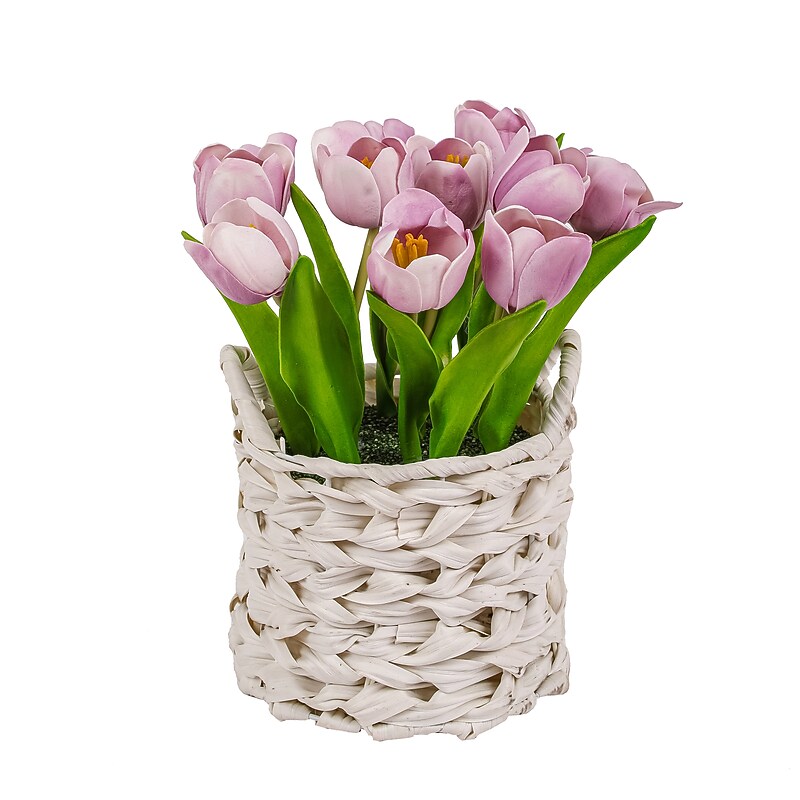 National Tree 10" Company Mauve Tulip Bouquet in White Basket (MT81-10926GMV-1) image 1