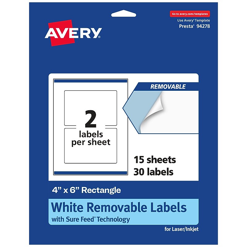 Avery Laser/Inkjet Multipurpose Rectangle Labels, 4" x 6", White, 30 Labels/Pack (94278) image 1
