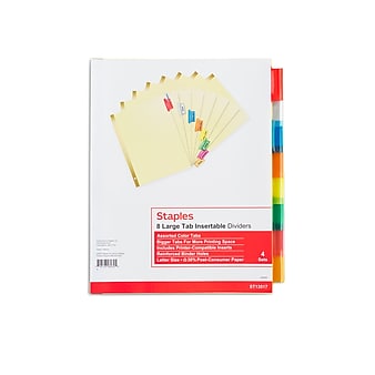 Staples Large Tab Insertable Paper Dividers, Assorted Color 8 Tab, Buff, 4 Pack (13517/14483)
