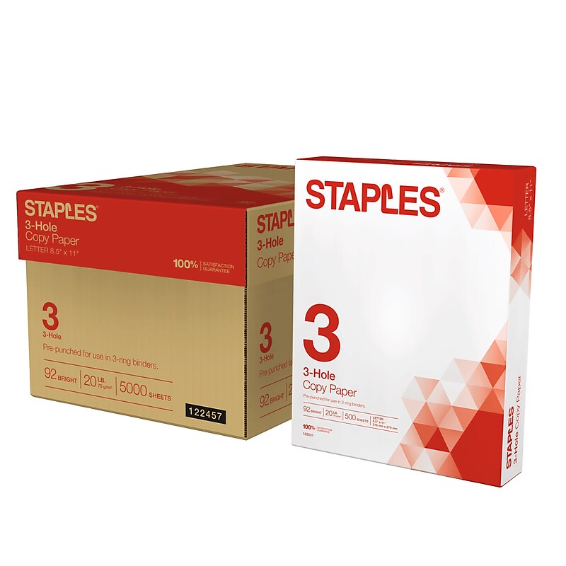 Staples 3-Hole Punch Copy Paper, 8.5" x 11", 20 lbs., 500 Sheets/Ream, 10 Reams/Carton (221192) image 1