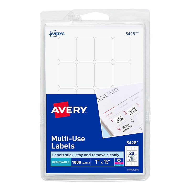 Avery Laser/Inkjet Multipurpose Labels, 1" x 3/4", White, 1,000 Labels/Pack (5428) image 1