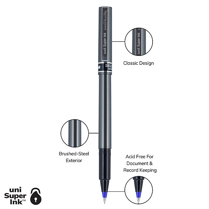 uni-ball Deluxe Rollerball Pens, Micro Point, Blue Ink, 12/Pack